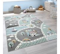 Alfombra infantil con motivos de calles, alfombra de juego para habitación infantil, en verde y gris, tamaño 140x200 cm