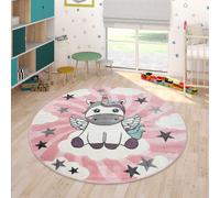 Alfombra infantil, habitación de niña, diseño moderno, unicornio sobre nubes, en rosa y lila, forma redonda, diámetro de 200 cm