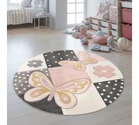 Alfombra infantil, habitación de niños, colores vivos, rosa, mariposas, estampado a cuadros, lunares, flores. Diámetro: 160 cm. Forma: redonda