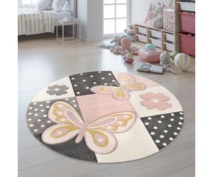Alfombra infantil, habitación de niños, colores vivos, rosa, mariposas, estampado a cuadros, lunares, flores. Diámetro: 160 cm. Forma: redonda