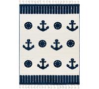 Alfombra infantil Mazovia: Alfombra de juego con anclas y timones, en color crema y azul marino. Alfombra suave de algodón para habitaciones infantiles. Apta para personas con alergias y compatible co