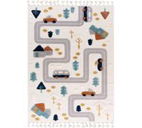 Alfombra infantil Mazovia: Alfombra de juego con motivos de coches y casas, color crema y multicolor. Alfombra suave de algodón para habitaciones infantiles. Apta para personas con alergias y compatib