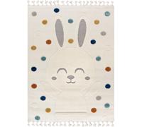 Alfombra infantil Mazovia, diseño "Conejo y puntos de colores", color crema y multicolor. Alfombra suave de algodón para habitaciones infantiles. Apta para personas con alergias y compatible con suelo