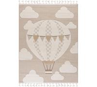 Alfombra infantil Mazovia: diseño de globo aerostático y nubes. Color beige. Alfombra suave de algodón para habitaciones infantiles. Adecuada para personas con alergias y compatible con suelo radiante