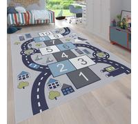 Alfombra infantil para habitación de niños, alfombra de juego con casillas para saltar y calles, color gris, tamaño 240x340 cm