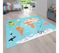 Alfombra infantil para habitación de niños, alfombra de juego, mapa del mundo con animales, color turquesa, tamaño 200x290 cm