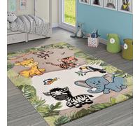 Alfombra infantil para habitación de niños, diseño de animales de la selva: jirafa, león, mono, cebra. Color: beige y crema. Tamaño: 120x170 cm