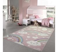 Alfombra infantil para habitación de niños, diseño de arcoíris con nubes y corazones en color rosa. Tamaño: 200 x 290 cm