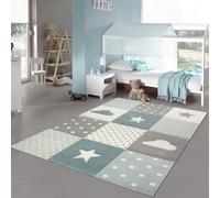 Alfombra infantil para niño, ideal para la habitación, con motivos de estrellas y nubes en tonos azul, gris y crema. Tamaño: 160 x 230 cm