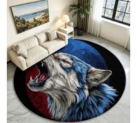 Alfombra lavable de pelo corto, redonda, 90 cm, diseño de animales salvajes, lobo y noche de luna, para terraza, salón, dormitorio, con parte inferior antideslizante, para habitación de los niños