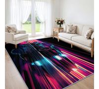 Alfombra lavable para dormitorio, cibernético, para coche, pila corta y suave, banda luminosa de neón, coche, alfombra de salón, 120 x 170 cm, interior, parte inferior antideslizante para salón