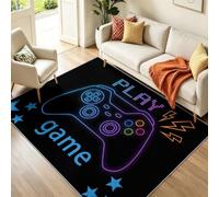 Alfombra minimalista con diseño de videojuegos, 80 x 150 cm, lavable, de pelo bajo, parte trasera antideslizante, controlador de videojuegos, minimalista, color negro y azul, para sala de juegos