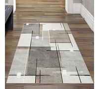 Alfombra moderna con diseño gráfico en tonos beige, gris y crema. Un elemento elegante y llamativo para cualquier habitación. Tamaño: 80x140 cm
