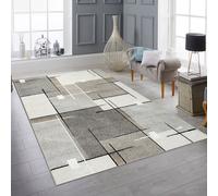 Alfombra moderna con diseño gráfico en tonos beige, gris y crema. Un elemento elegante y llamativo para cualquier espacio. Tamaño: 200 x 280 cm