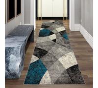Alfombra moderna para sala de estar, diseño abstracto de ondas y rombos, con efecto mármol en tonos azul y gris. Fácil de limpiar. Tamaño: 80 x 300 cm