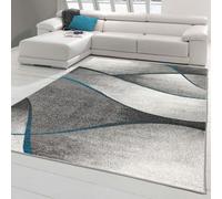 Alfombra moderna para sala de estar, diseño de ondas en tonos azul, gris y antracita. Fácil de limpiar. Tamaño: 240 x 340 cm