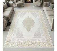 Alfombra oriental de diseño con motivos ornamentales en blanco, dorado y gris. Tamaño: 120 x 170 cm