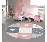 Alfombra para habitación infantil, alfombra de juego y alfombra para bebés con diseño de corazones, estrellas y puntos, en colores rosa, blanco y gris. Tamaño: 200 cm (redonda)
