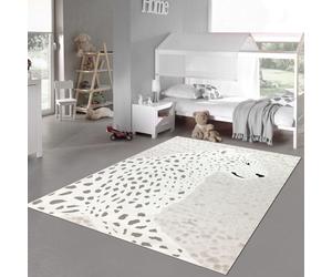 Alfombra para habitación infantil, suave, con estampado de leopardo y efecto 3D, apta para personas con alergias, en color crema y gris. Tamaño: 140 x 200 cm