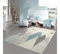 Alfombra para niños, diseño de montañas en tonos pastel azul y gris, tamaño: 160 x 230 cm
