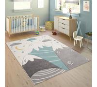 Alfombra para niños, habitación infantil, colores pastel azul y gris, diseño de montaña, luna y estrellas, resistente, tamaño 140x200 cm