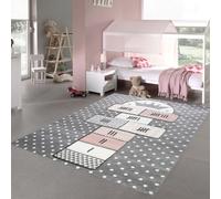 Alfombra para niños, juego de saltar, estructura de salto en gris, rosa y crema. Tamaño: 160 x 230 cm