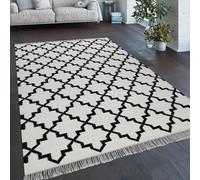 Alfombra para sala de estar, diseño marroquí, con flecos, hecha a mano, de algodón, en blanco y . Tamaño: 240 x 340 cm