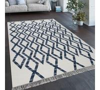 Alfombra para sala de estar, estilo bohemio, con flecos, tejida a mano, mezcla de lana y algodón, color azul, tamaño 160x230 cm