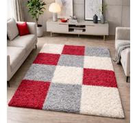 Alfombra peluda multicolor en tonos rojo, gris y crema, ideal para salones y dormitorios. Alfombra moderna de pelo alto, suave y elegante. Tamaño: 140 x 200 cm