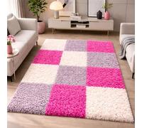 Alfombra peluda multicolor en tonos rosa, gris y crema, ideal para salones y dormitorios. Alfombra moderna de pelo alto, suave y elegante. Tamaño: 140 x 200 cm