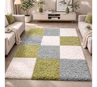 Alfombra peluda multicolor en tonos verde, gris y crema, ideal para salones y dormitorios. Alfombra moderna de pelo alto, suave y elegante. Tamaño: 160 x 230 cm
