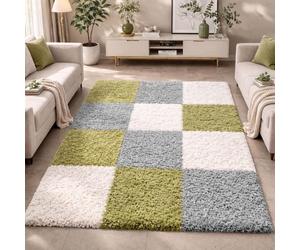Alfombra peluda multicolor en tonos verde, gris y crema, ideal para salones y dormitorios. Alfombra moderna de pelo alto, suave y elegante. Tamaño: 160 x 230 cm