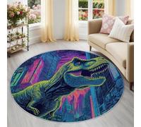 Alfombra redonda de 60 cm, suave, lavable, diseño de dinosaurio T-Rex de neón y ciudad futurista, antideslizante, para entrada, sala de juegos, multicolor y negro