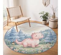 Alfombra redonda de acuarela con dinosaurio, 210 cm, color azul y verde | Alfombra de dibujos animados con diseño de animales, flores, lavable a máquina, antideslizante, suave, gruesa