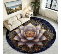 Alfombra redonda lavable de 160 cm, retro, exótica, suave, circular, impresa, línea dorada, loto, pelo corto, antideslizante, para entrada, sala de estar, dormitorio, junto al sofá, oficina (negro)