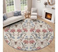 Alfombra redonda victoriana para sala de estar, 100 cm, resistente, ligera, diseño retro de William Morris con plantas y enredaderas, alfombra circular de pelo bajo, color beige, lavable
