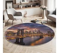 Alfombra Salon Redonda 180Cm,Puesta Sol Sobre El Puente Manhattan Alfombras Habitacion Lavable Lavadora,Paisaje Urbano Alfombras Comedor Antideslizante Tapete Sala Para Mesa De Café,Azul Anaranjado