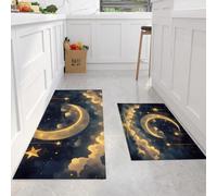 Alfombras de Cocina Luna Creciente Estrellas Juegos de 2, 45x75cm+45x150cm Alfombras Antifatiga, Alfombras Curación Al Estilo De Los Cuentos De Hadas Antideslizantes Para Cocina, Fregadero, Oficina