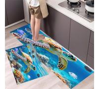 Alfombras De Cocina Tortuga Marina Arrecife De Coral, Alfombras De Pie Lavables 2 Piezas Juegos De Alfombra Animales Marinos En 3D De Piso Antideslizantes Para Cocina, Pasillo 45x75cm+45x150cm, Azul