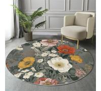 Alfombras Redondas En Rojo Anaranjado 80cm, Alfombra Círculo Amapolas Silvestres Suave, Alfombra Acuarela Plantas Silvestres Verdes Antideslizante Pelo Corto, para Dormitorio Comedor Sala de Estar