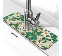 Alfombrilla de grifo de diatomita con fondo verde de lirios blancos de 15 x 5.5 pulgadas