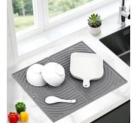 Alfombrilla Escurreplatos Silicona, Alfombra Secaplatos para Cocina Fregadero, Bandeja Escurridor Plegable, Antideslizante, Secado Rápido, Resistente al Calor, 43×34 cm (Gris)