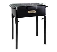 Algon | Barbacoa de Hierro Artesanal con Ruedas Parrilla Zincada Rectangular para Carbón y Leña | Barbacoa Ajustable en 5 Niveles Protector de Viento y Superficie Lateral de Madera (33x22 cm)