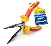 Alicate plano redondo VDE de 200 mm, alicate de punta recta, fabricado en acero CrV endurecido térmicamente e inducidamente para uso profesional, dureza HRC 66, cortador lateral, mango de 2 componente