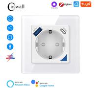 Alice Zigbee Tuya-enchufe de pared inteligente UE con PD 20W tipo C y cargador rápido USB Dual con Panel de placa de vidrio de monitoreo de energía