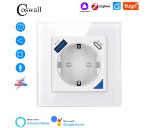 Alice Zigbee Tuya-enchufe de pared inteligente UE con PD 20W tipo C y cargador rápido USB Dual con Panel de placa de vidrio de monitoreo de energía