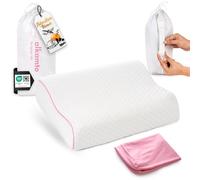 alkamto Almohada de Viaje Almohada de Camping - Espuma viscoelástica con Funda de algodón Adicional - Bolsa incluida (35 x 30 x 10/8 cm), Color Rosa