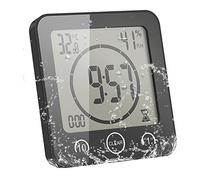ALLOMN Reloj de Baño, LCD Reloj de Ducha Digital Alarma Impermeable Control Táctil Hum / ℉ Temperatura Humedad, Temporizador de Cuenta Regresiva, 3 Métodos de Montaje, Energía de la Batería (Negro)