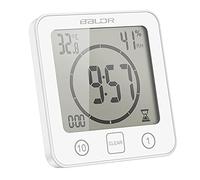 ALLOMN Reloj de Baño, LCD Reloj de Ducha Digital Alarma Impermeable Control Táctil Hum / ℉ Temperatura Humedad, Temporizador de Cuenta Regresiva, 3 Métodos de Montaje, Energía de la Batería (Blanco)