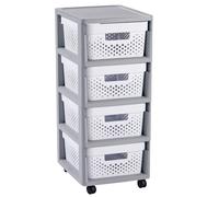Curver – Mueble organizador Infinity 4 cajones con ruedas y cajones extraíbles Gris/Blanco